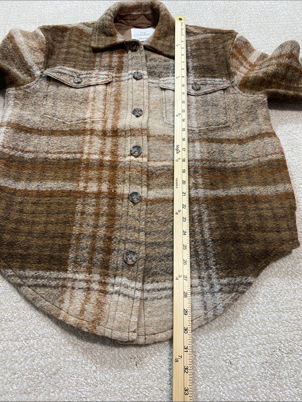 Aritzia Wilfred Ganna Brown and Cream Plaid Teddy Shacket Size M 75% Wool Laine - Picture 12 of 16